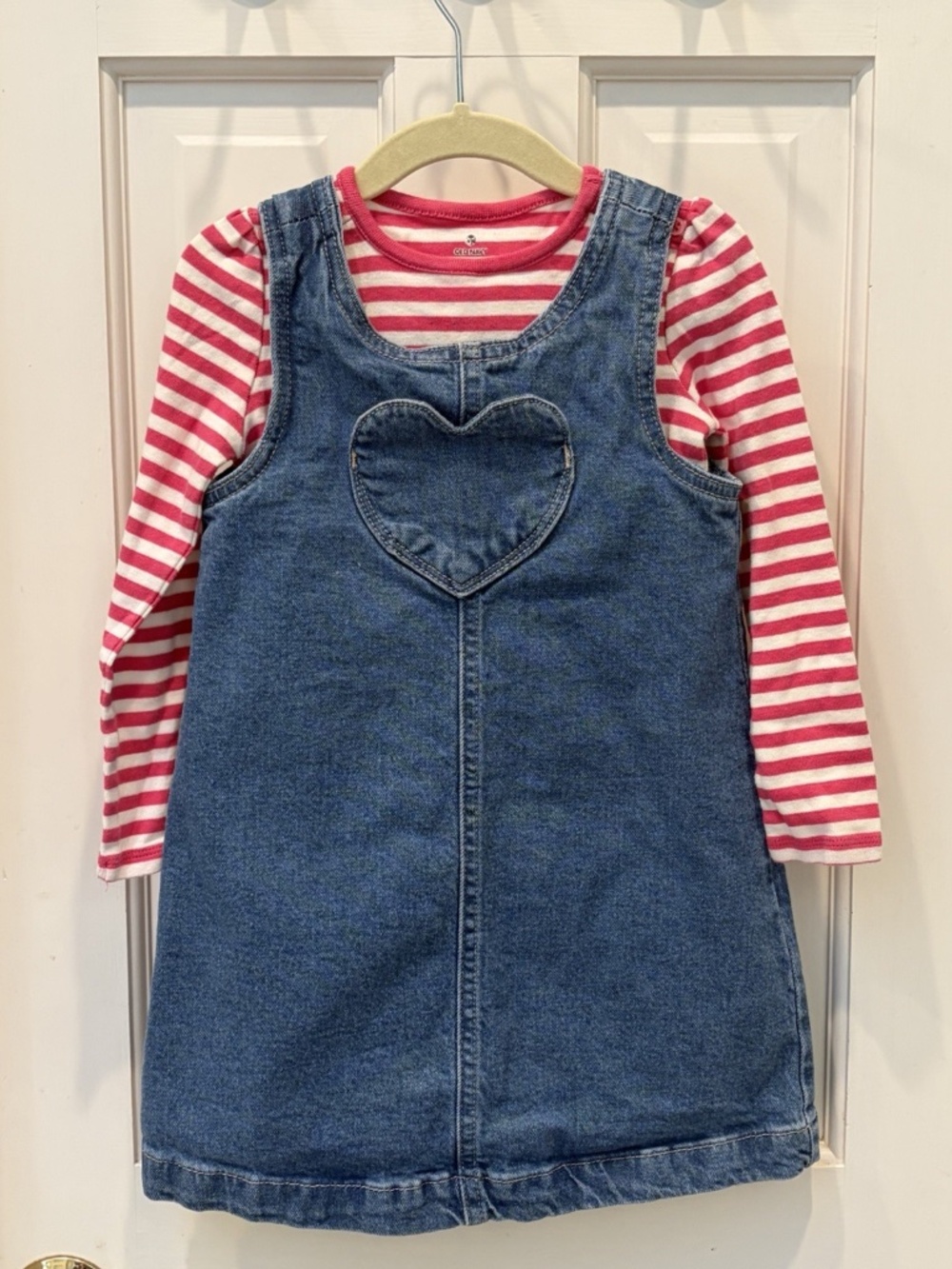 Old Navy/GAP Girls 4T 100% Cotton 2pc Denim Heart Jumper Dress & Striped Tee